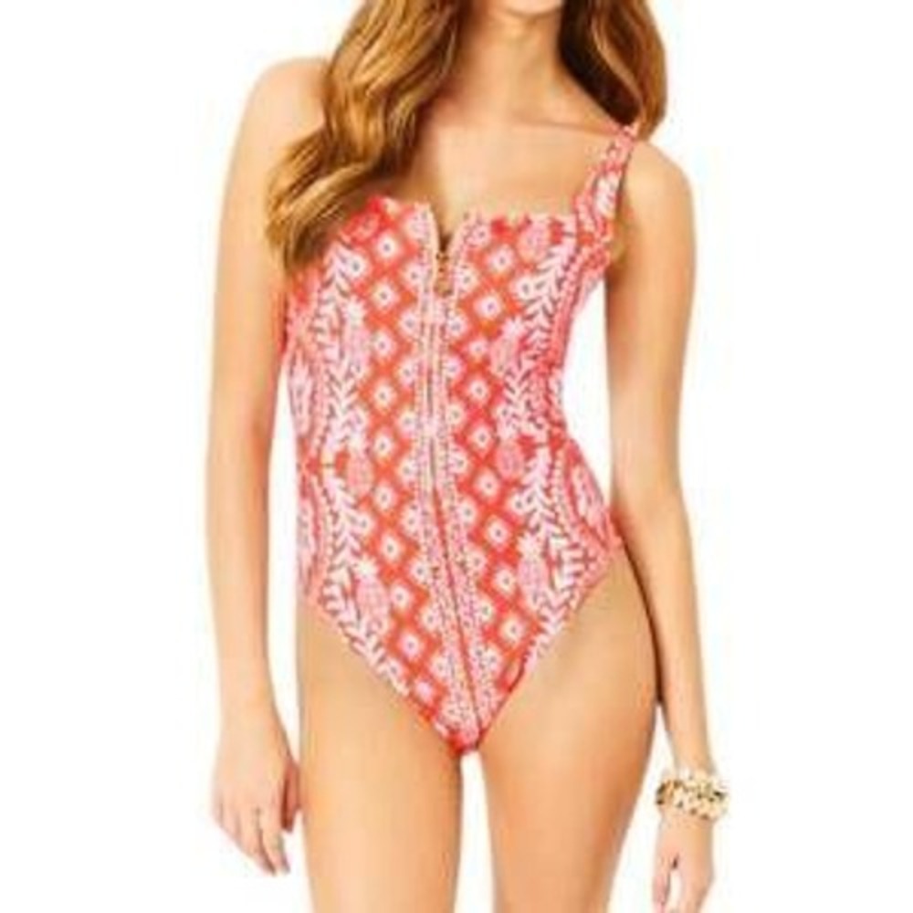 Lilly Pulitzer Coral Orange White Print Gold Zipper Emil One Piece Swimsuit 14